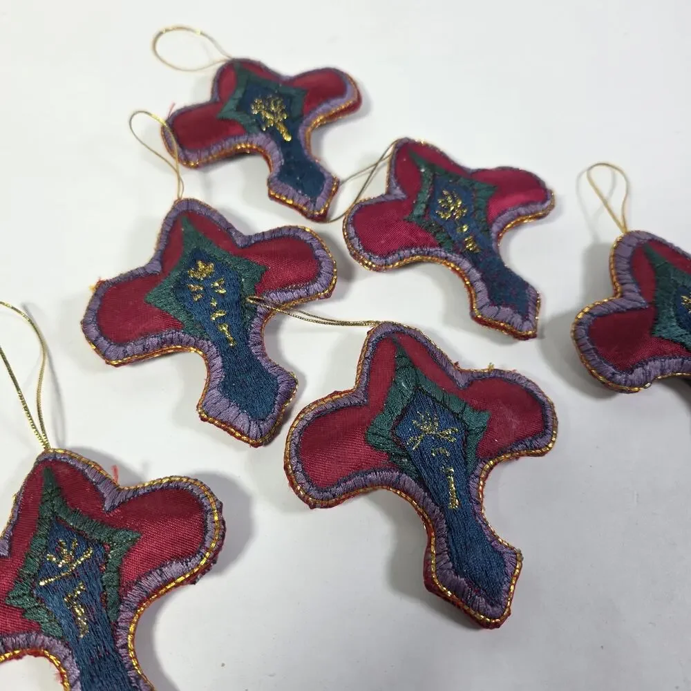 Pier 1 Embroided Fabric Christmas Tree Ornaments Lot Of 6 Vintage Holiday